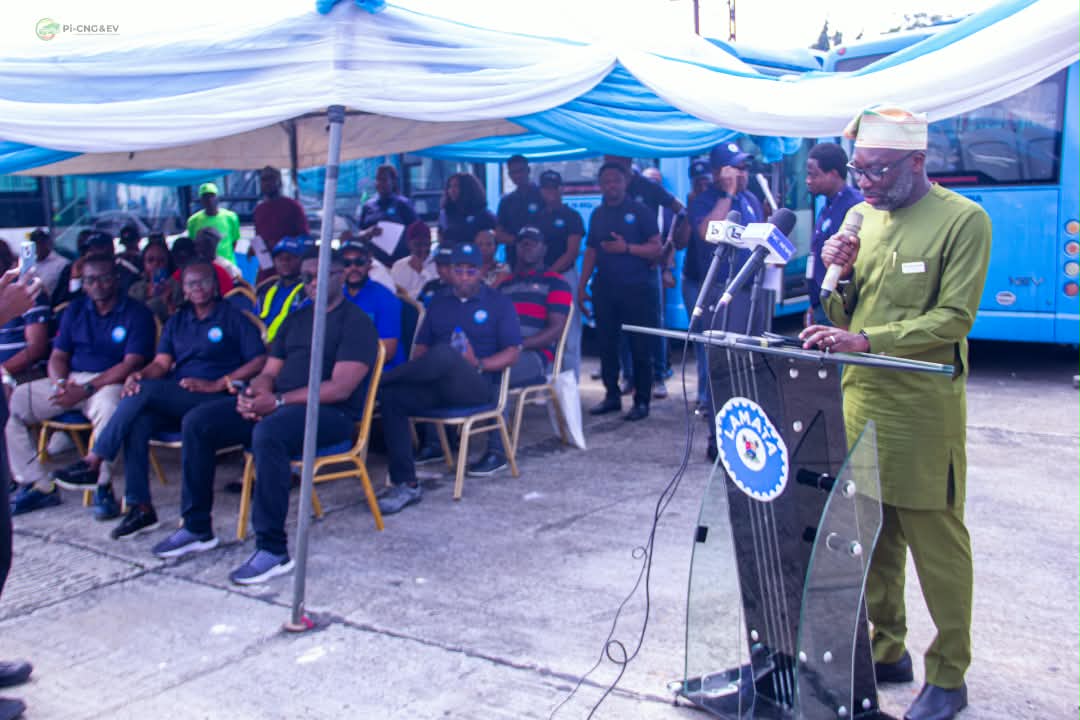 Lagos State Commissioner for Transportation speaking at the LAMATA bus handover ceremony